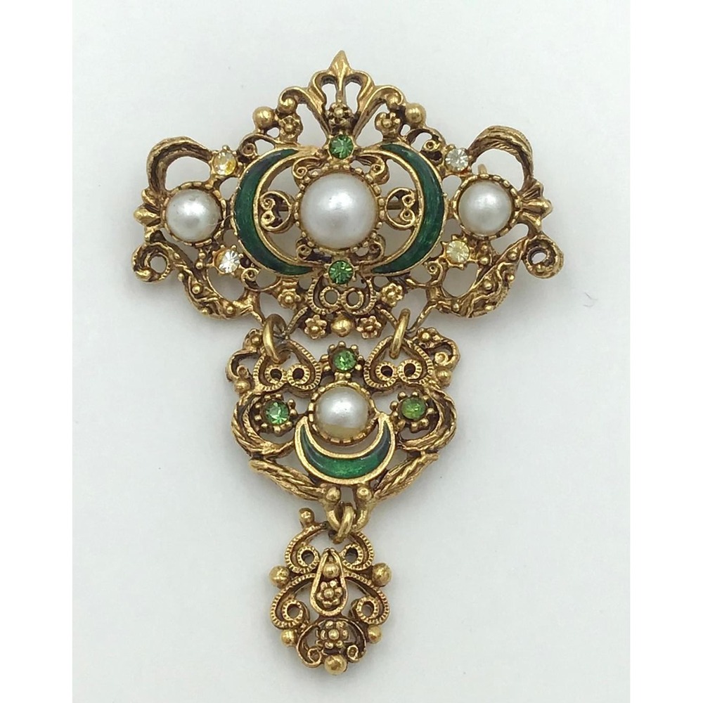 Vtg Florenza Brooch Gold Tone Faux Pearl Rhinestone Crescent Moon Victorian